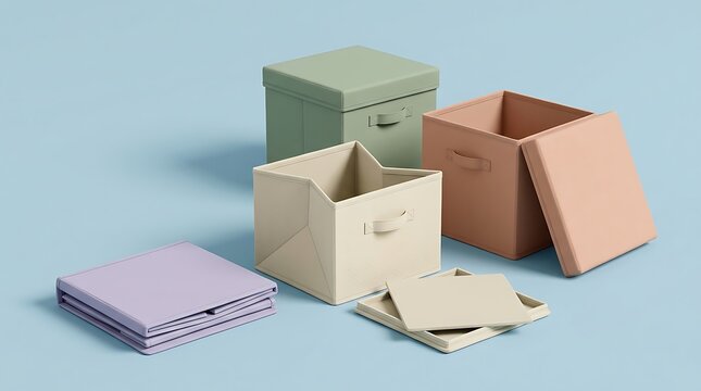 Colorful Fabric Storage Boxes and Folded Cloths on a Light Blue Background.