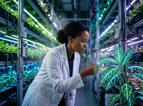 Scientist in lab coat examining glowing plant in vertical indoor farm facility