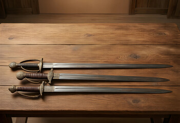 Fototapeta premium Historical reenactment and medieval combat, three antique swords with ornate hilts resting on a rustic wooden table for museum or collector display