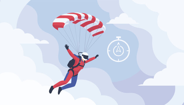 Dynamic illustration of a parachutist in a red and blue suit gracefully descending through a cloudy sky with a vibrant red and white parachute, symbolizing adventure and freedom.