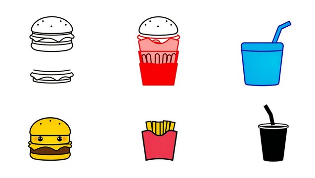 Set of cute fast food icons featuring burger fries and soda drinks in colorful cartoon style
