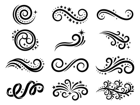 Collection of black swirl ornaments with stars on a white background