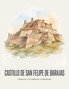 Watercolor Style Vector Poster of Castillo de San Felipe de Barajas, Famous Colombian Landmark in Cartagena