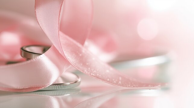 National Mammography Day: macro photograph of a satin pink awareness ribbon draped over a silver stethoscope on a clean white surface, delicate fabric folds, tiny water droplets