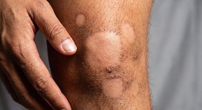 Close up of dark skin knee showing hypopigmentation patches vitiligo or healing ringworm scars