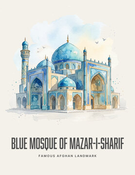 Blue Mosque of Mazar-i-Sharif in Afghanistan, Famous Landmark Watercolor Style Vector Poster Wall Art