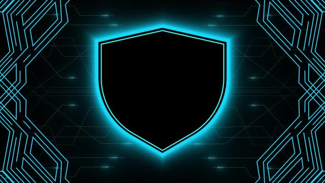 Shield emblem animation glows across futuristic circuit board tracks. Cybersecurity data privacy protection confirms through shield emblem. Consoles use active emblem.