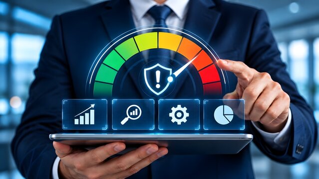Professional Businessman Analyzing Digital Dashboard Displaying Critical Risk Meter Cybersecurity Threat Alert And Performance Monitoring Analytics On Tablet PC