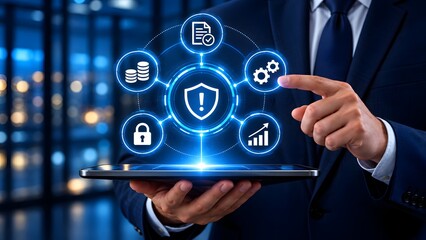 Obraz premium Professional manager analyzing digital security alert interface on tablet computer for financial protection corporate compliance and system optimization.