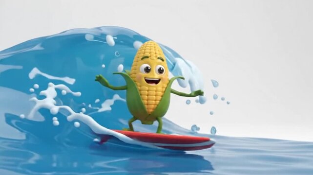 Happy cartoon corn character surfing on a red surfboard in the ocean waves