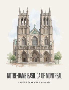 Notre-Dame Basilica of Montreal Watercolor Style Vector Landmark Poster Art