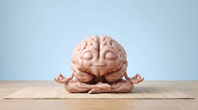 A 3D Render Illustration of a Meditating Brain Character on a Mat