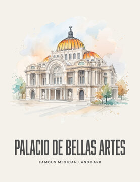 Palacio de Bellas Artes Watercolor Style Vector Poster of Famous Mexican Landmark