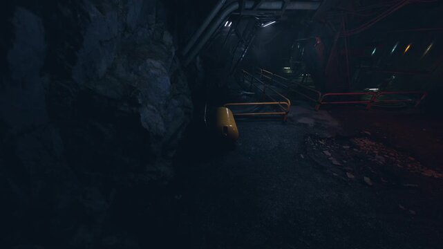 In a shadowy underground space, a yellow object lies on the ground beside rugged stone walls. Soft, eerie lighting highlights the intriguing atmosphere of this hidden area.