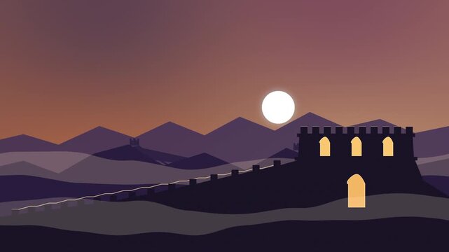 pixel art landscape animation with ancient wall, mountains, sun, dusk