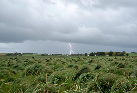 Climate change and extreme weather, lightning strike over rural agricultural field with wind blowing through tall grass during a heavy summer storm