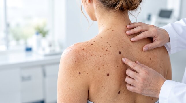 Dermatologist examining moles on a woman's back, pointing at a suspicious nevus, representing skin cancer screening, melanoma check and dermatology consultation