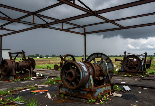 Industrial decay and economic decline, abandoned heavy machinery in a rural landscape under a stormy sky manufacturing crisis and obsolescence