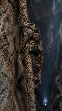 Clay slicked rope ascender clamped on a caving rope in a vertical shaft