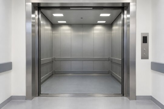 Open empty service elevator with metal panels and a level threshold