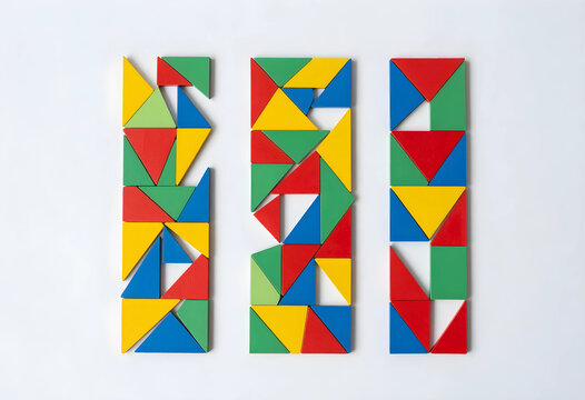 Problem solving and strategy, colorful tangram puzzle pieces arranged in three vertical columns on a white background for business logic and creativity