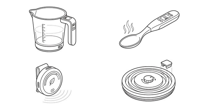 Set of modern kitchen appliance line art icons for cooking and smart
