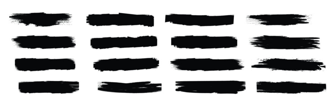 Set of different grunge brush strokes. Rough ink paint banners and censorship bars for redacted text.  Dirty artistic design elements.