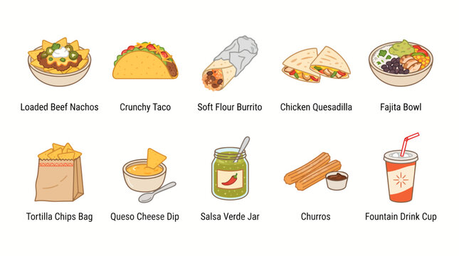 Set of hand drawn mexican food icons including tacos burritos and nachos.