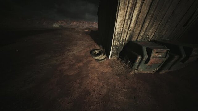 An abandoned structure stands solemnly in the dim light, surrounded by a barren landscape. A worn tire rests near an old, rusty dumpster, evoking feelings of desolation and mystery.