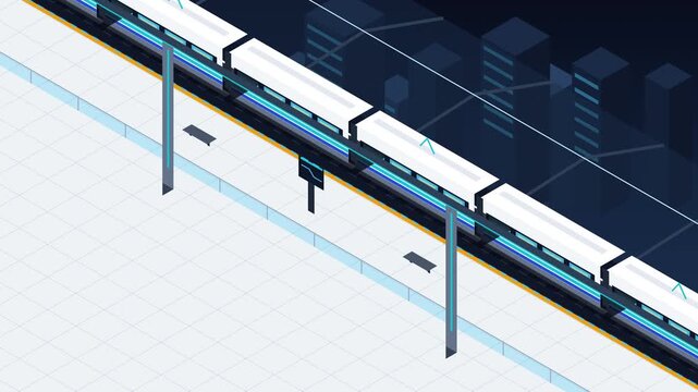 Pixel art monorail train moving through futuristic city, loop animation