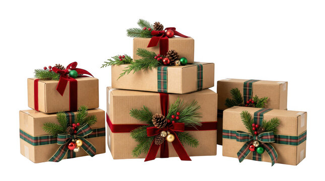 Stack of christmas gift boxes with ribbons and pine branches isolated on transparent background