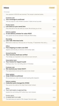 Vertical email inbox UI animation with interview invite notification arriving among billing and delivery messages. Mobile recruiting thread for job application and hiring content.