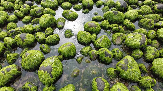 Bright Green Sea Lettuce Algae Covering Rocks Exposed at Low Tide