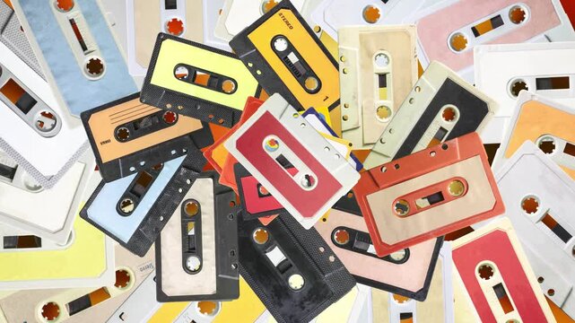 Colorful vintage cassette tapes burst outward in energetic expansion across a bright orange surface. Vibrant retro music nostalgia with radiating motion for party screens and DJ visuals.