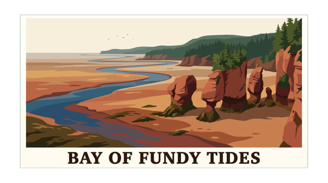 Very beautiful realistic vector illustration of Bay of Fundy extreme tidal landscape featuring exposed coastal rocks, broad shoreline, sea channels and distant cliffs, BAY OF FUNDY TIDES, isolated on 