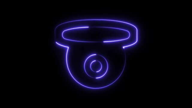 Glowing purple neon security camera icon on a dark background