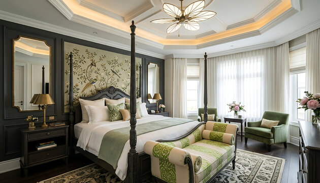 A luxury master sleeping chamber featuring a large canopy bed adorned with soft pillows and green coverlets beneath a decorative ceiling fixture illuminating the expansive indoor domestic space