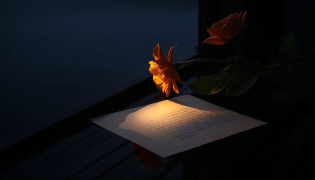 Flower and handwritten letter illuminated in the darkness