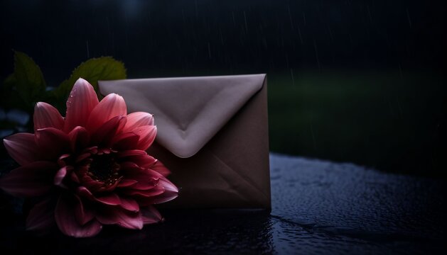 Pink flower beside a sealed envelope in a dark rainy scene
