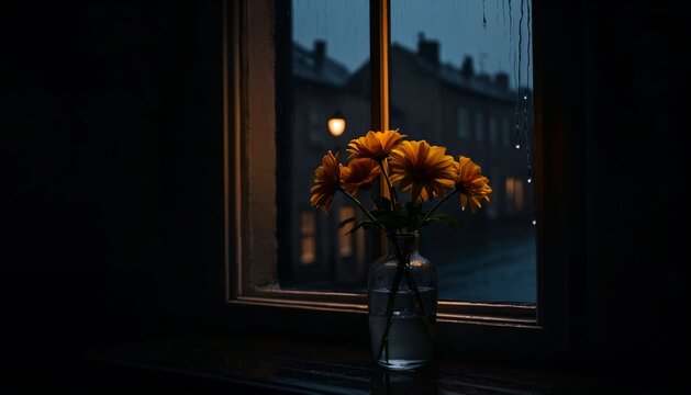 Orange flowers in a vase by a rainy evening window