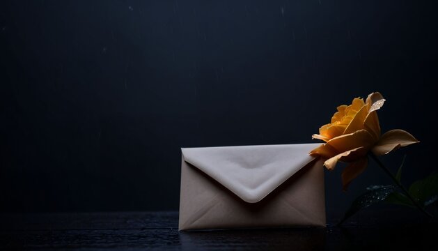 Flower resting beside a sealed envelope in soft low light
