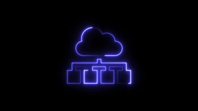 Glowing neon blue cloud server network icon on a black background