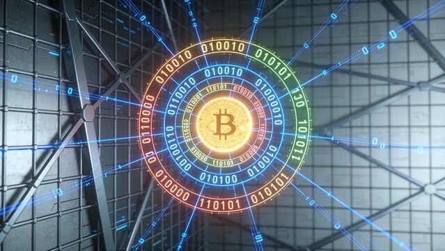 Bitcoin Technology and Binary Code: A digital representation of Bitcoin's core, with the Bitcoin symbol at the center, surrounded by a vibrant ring of binary code and connecting digital lines.