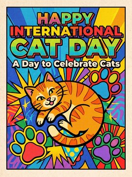 Happy International Cat Day colorful poster with cat paw prints