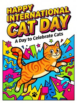 Colorful happy national cat day poster with cartoon cat