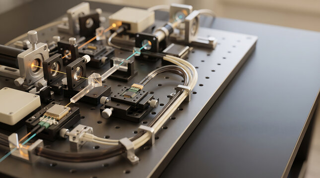 Advanced optical laboratory setup with laser beams on a precision breadboard table