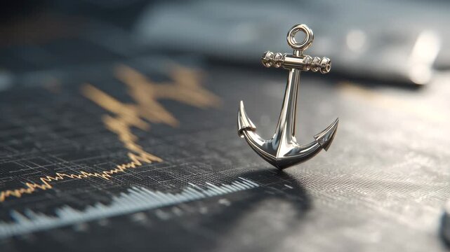 A shiny silver anchor rests on a textured surface, possibly a desk, with a blurred background of charts and graphs. The anchor signifies stability and security.