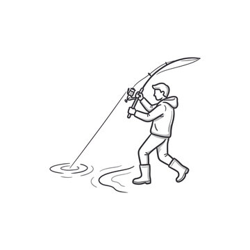 A minimalist hand-drawn doodle of an angler casting a line with a fishing rod in a clean line art style for outdoor sports designs.
