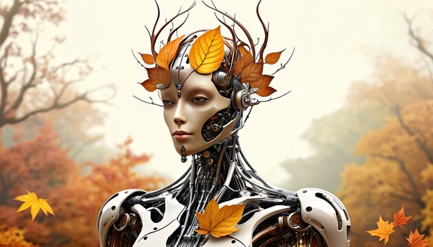 Futuristic female android with autumn leaves in a fall landscape