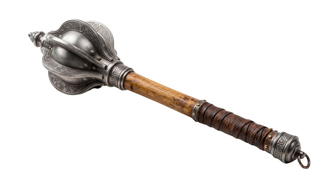 Medieval steel mace weapon with flanged head, antique iron war club with leather wrapped handle, historical knight combat armament isolated PNG with Transparent Background